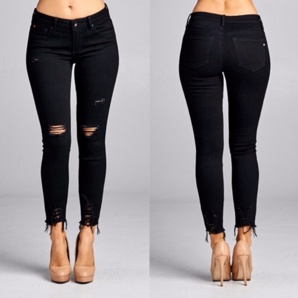 Denim - 031 Black Distressed Frayed Hem Denim Skinny Jeans
